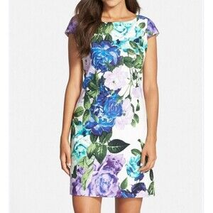 𝅺ELIZA J Floral Cap Sleeve Jaquard Cotton Shift DRESS SIZE 22W Party Easter